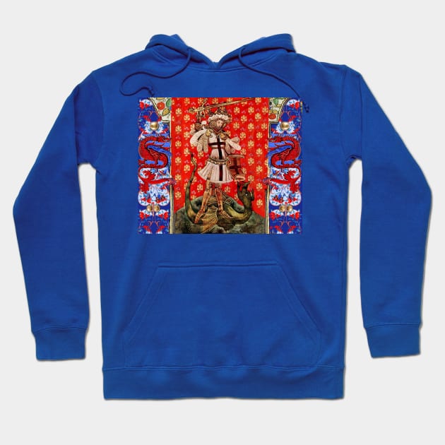 St. George and Dragon Medieval Miniature ,Red Blue White Floral Motifs Hoodie by BulganLumini